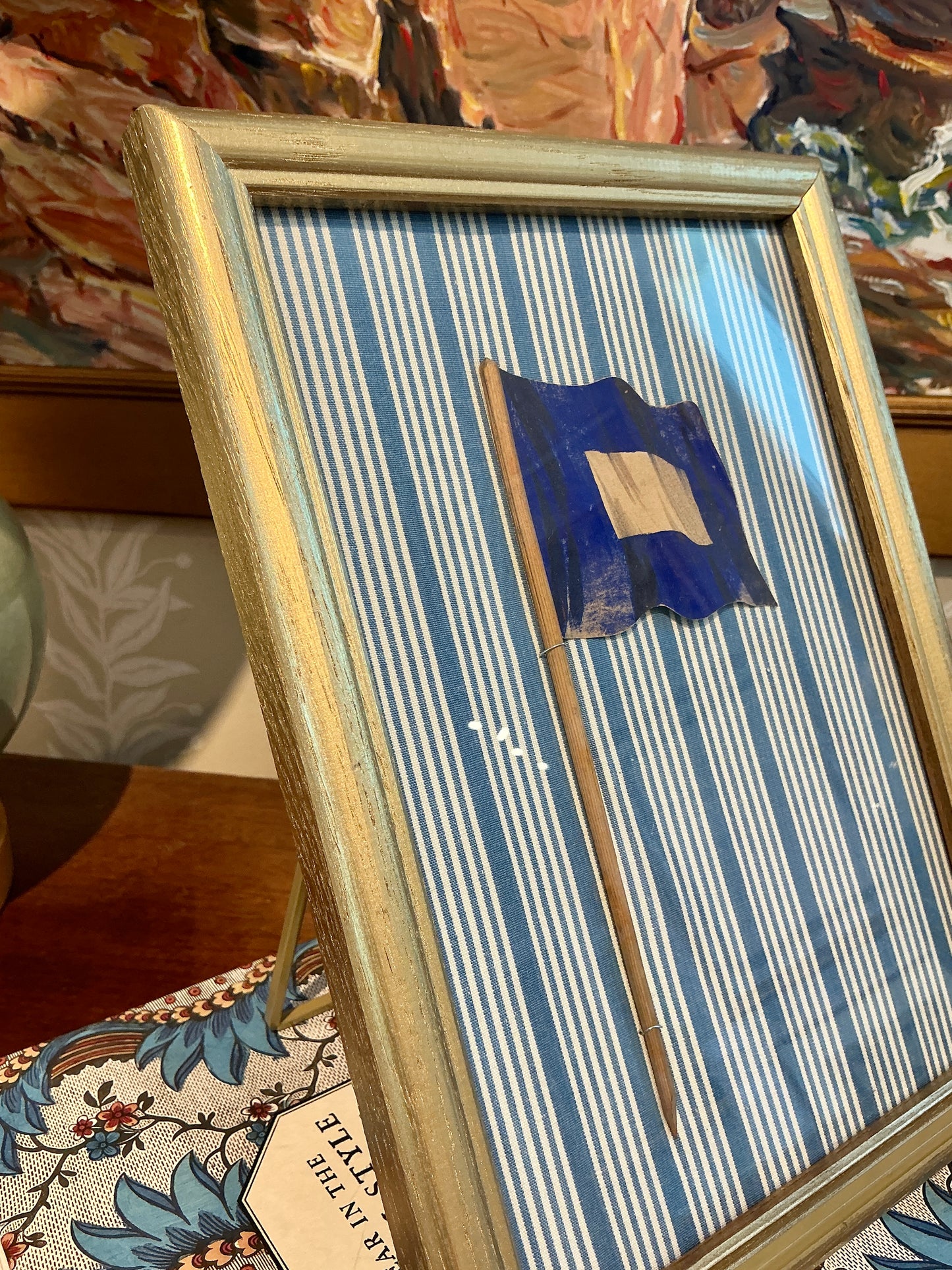 Antique 1905 Nautical Blue and Tan Flag Oil Painting on Blue Stripes in Gold Frame
