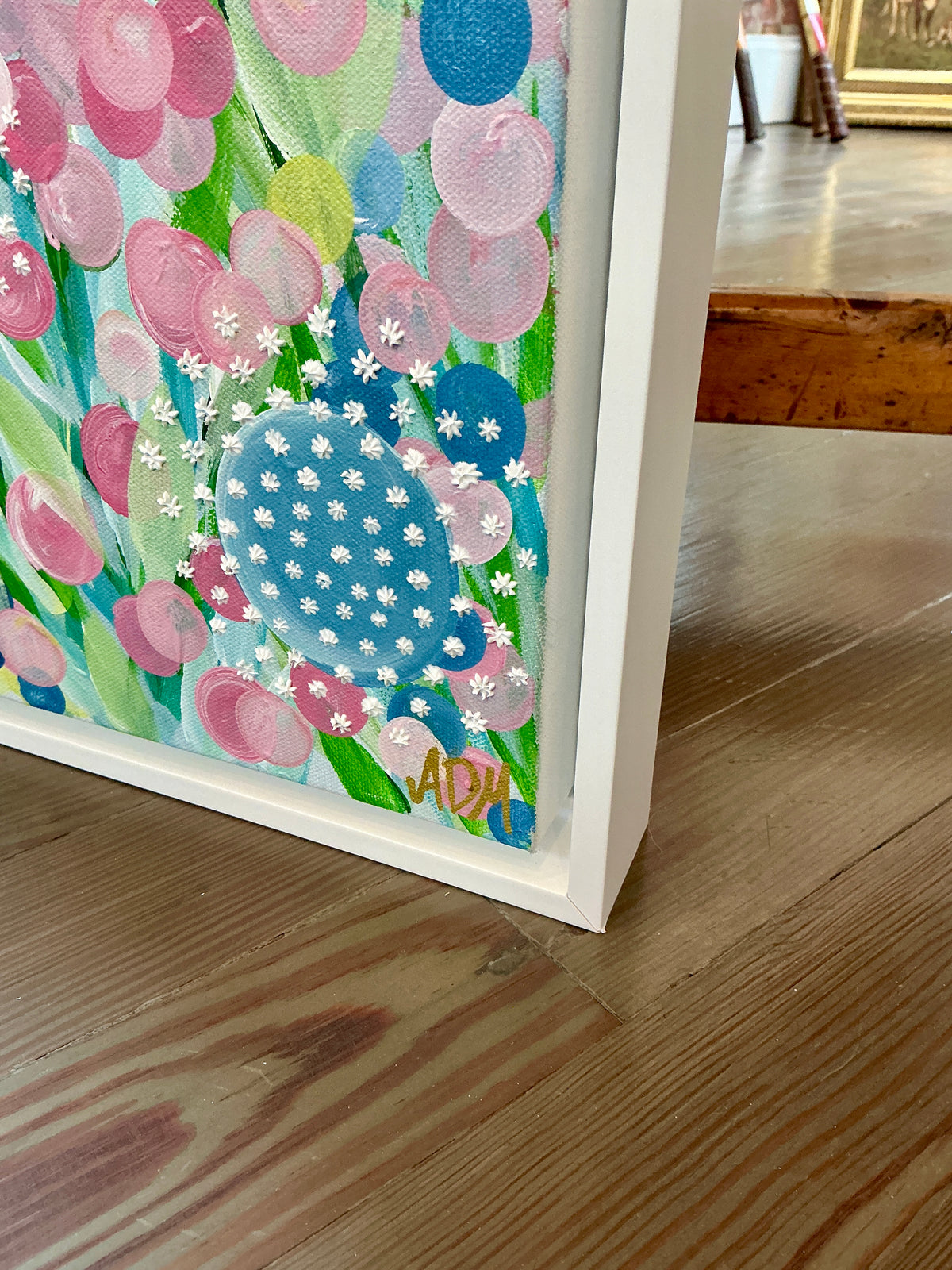 Alison Diamond McElroy In Bloom I Abstract Floral Painting in White Floater Frame