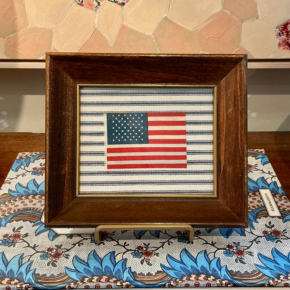 Vintage 50 Star American Parade Flag on Blue and White Stripes in Wood Frame with Gilded Liner