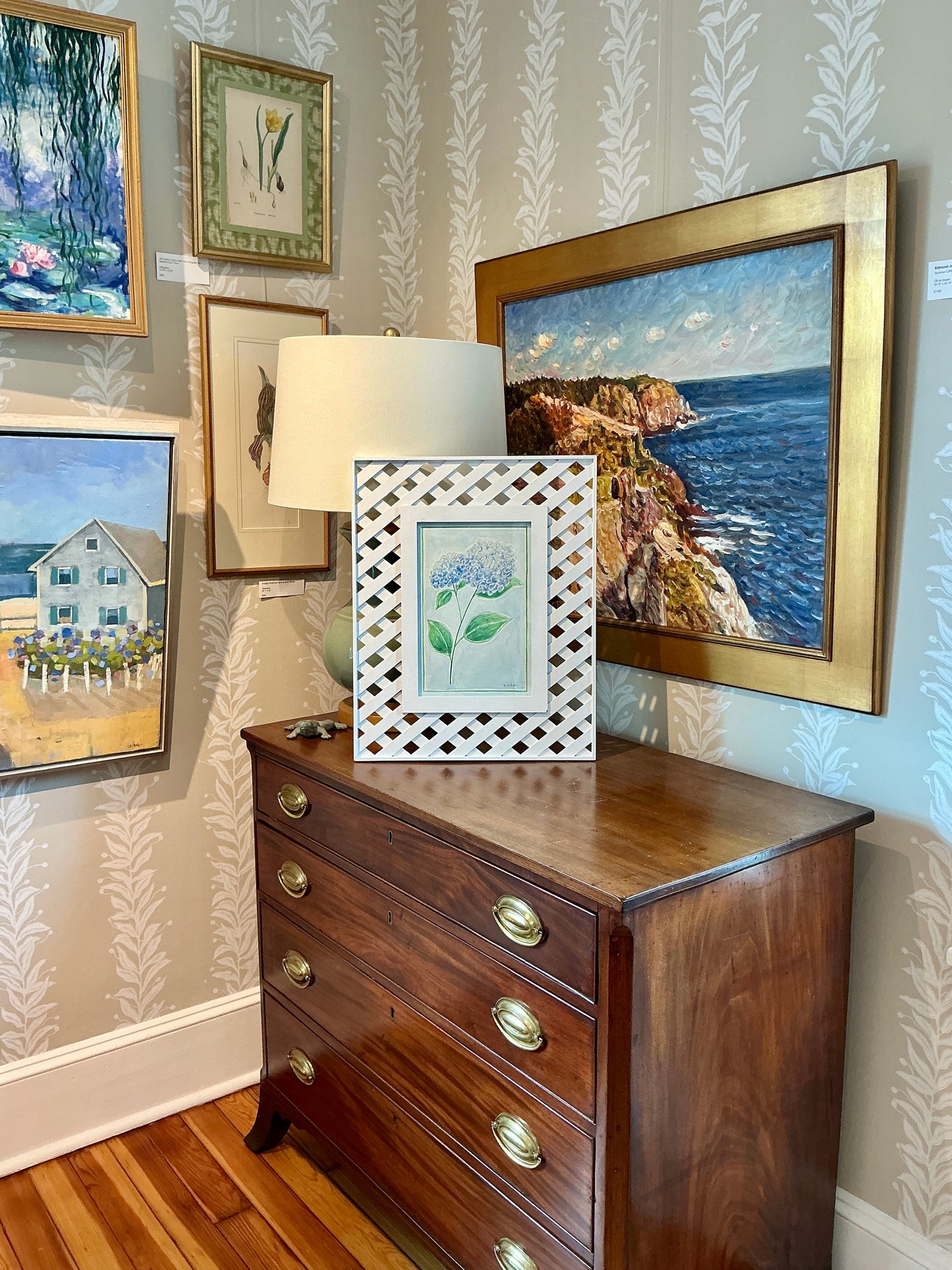 Kate Miller Blue Hydrangea Botanical Watercolor Painting in White Lattice Frame