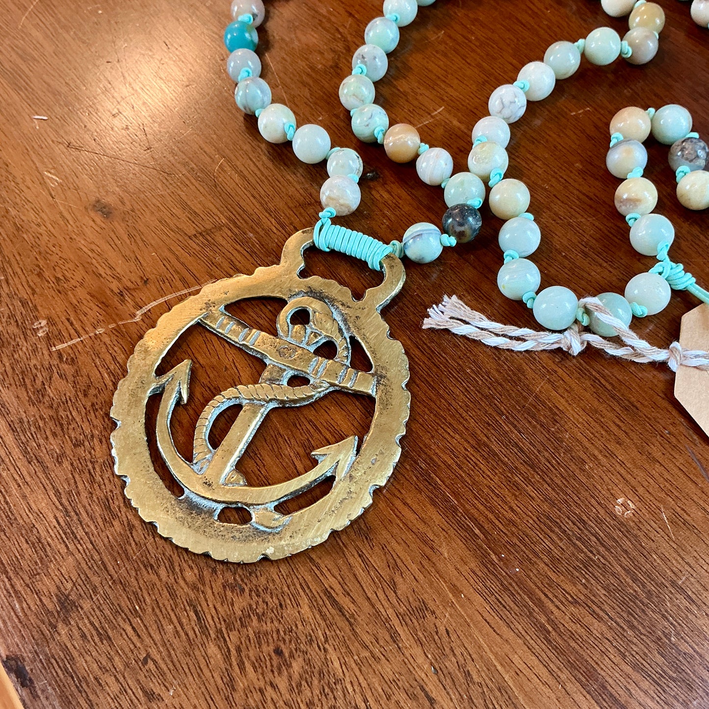 Antique English Horse Brass Anchor Medallion Semi Precious Beaded Hand Knotted Necklace