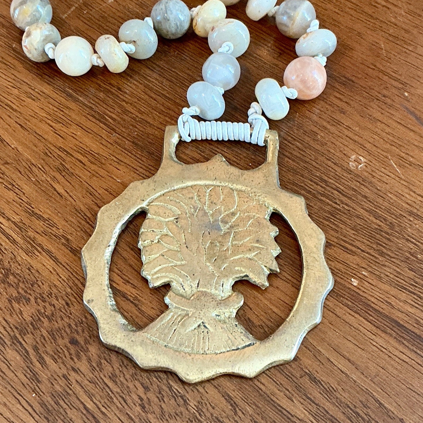 Antique English Horse Brass Wheat Bushel Medallion Sunstone Beaded Hand Knotted Necklace