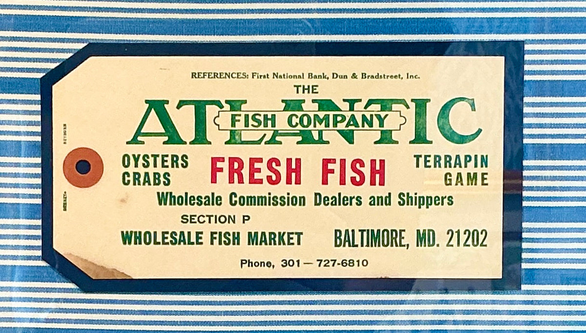Vintage Fresh Fish Old Baltimore Maryland Fishmonger's Tag on Blue Stripes in Gold Frame