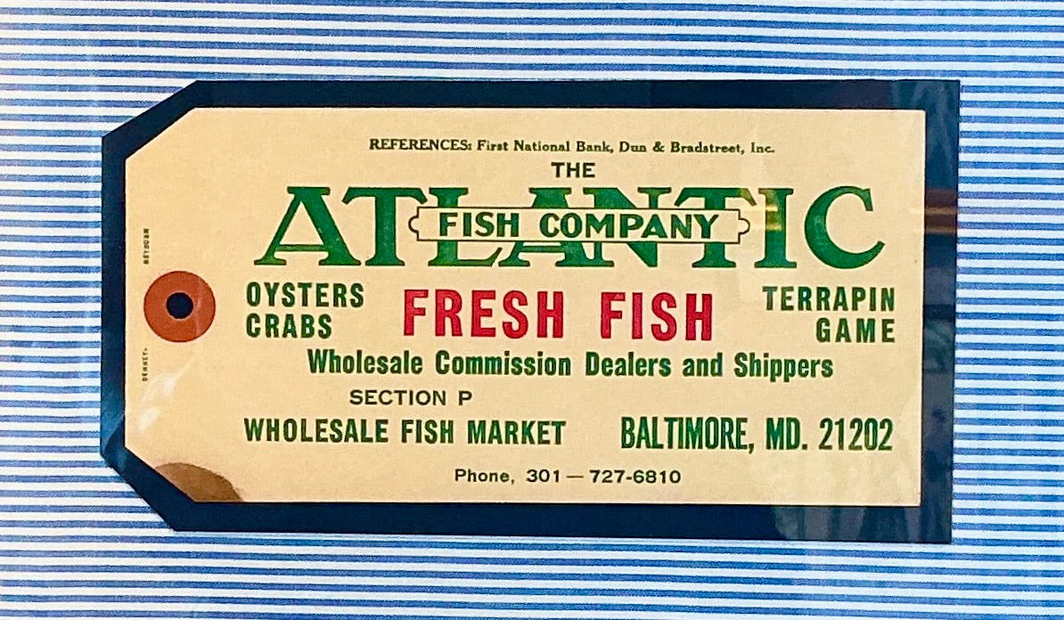 Vintage Fresh Fish Old Baltimore Maryland Fishmonger's Tag on Blue Ticking Stripes in Gold Frame