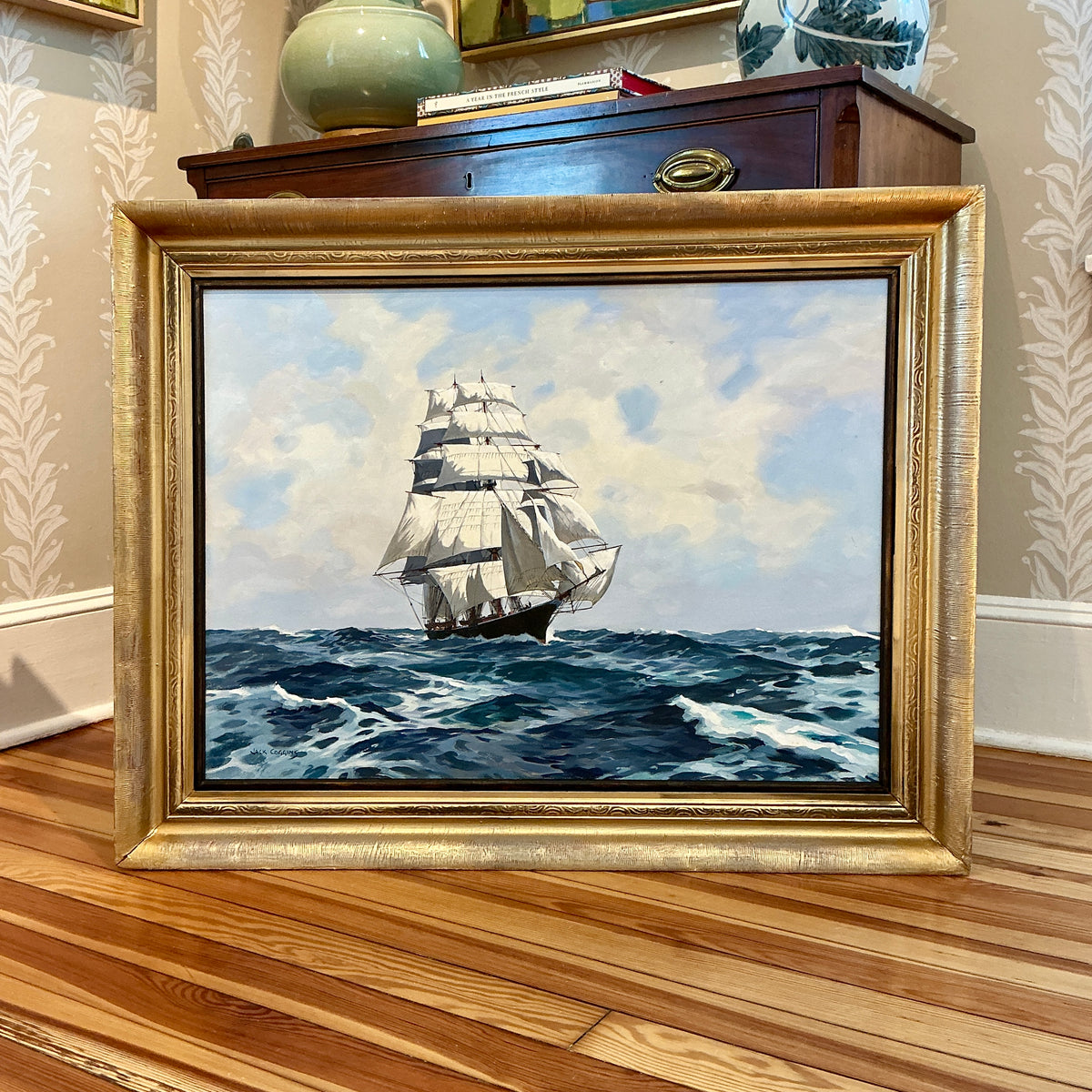 Jack Banham Coggins American Clipper Challenger Ship Portrait Seascape Oil Painting in Gold Frame