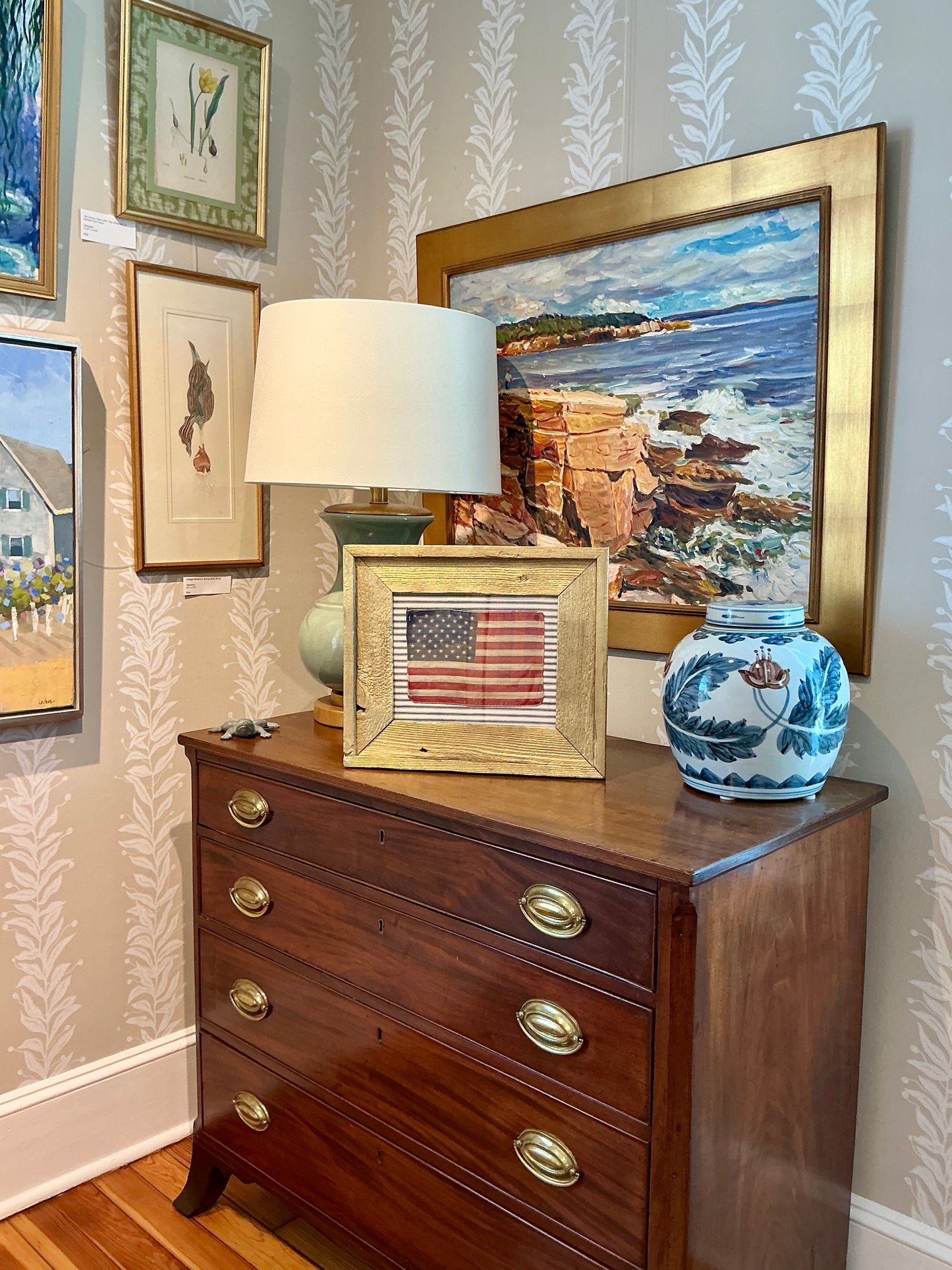 Vintage 50 Star American Flag on White and Blue Stripes in Gold Wood Frame