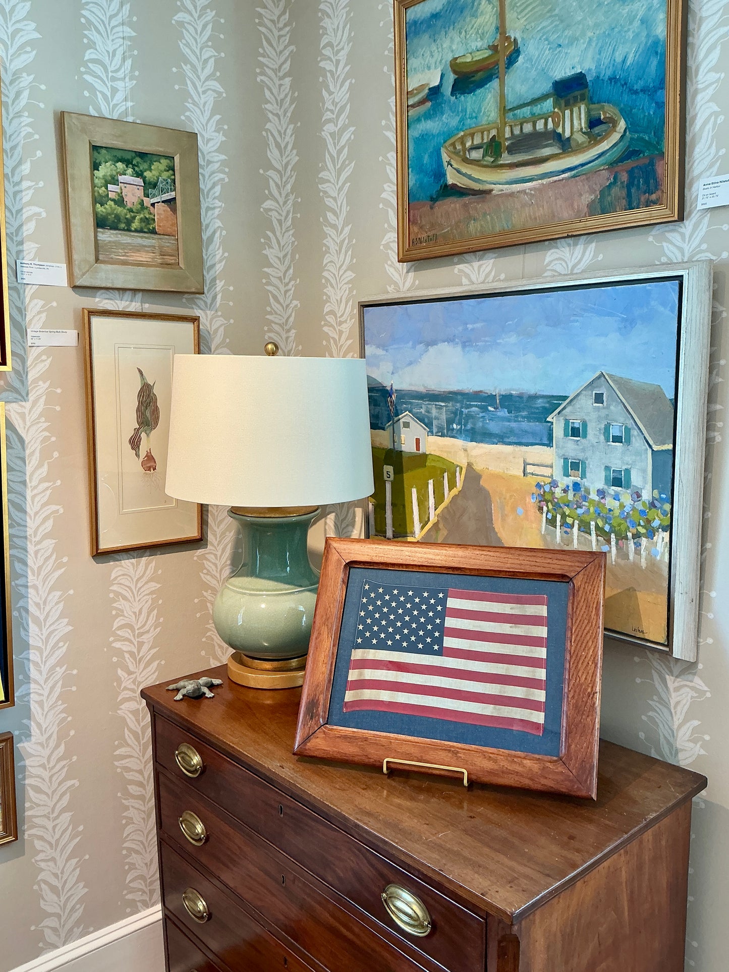 Vintage 50 Star American Flag on Dark Chambray in Antique Oak Frame