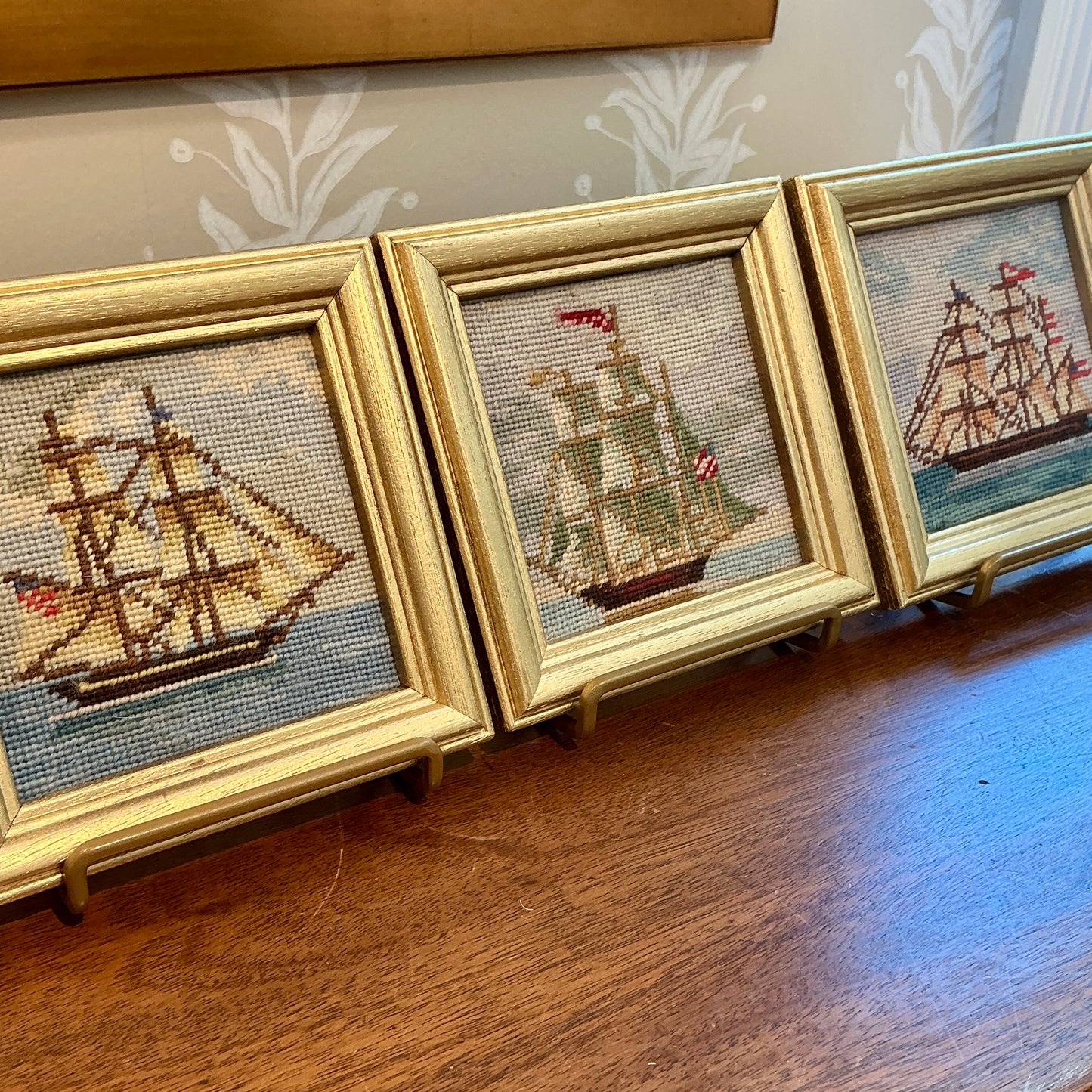 Set of Three Vintage Sailboat Needlepoint Seascapes in Gold Frame