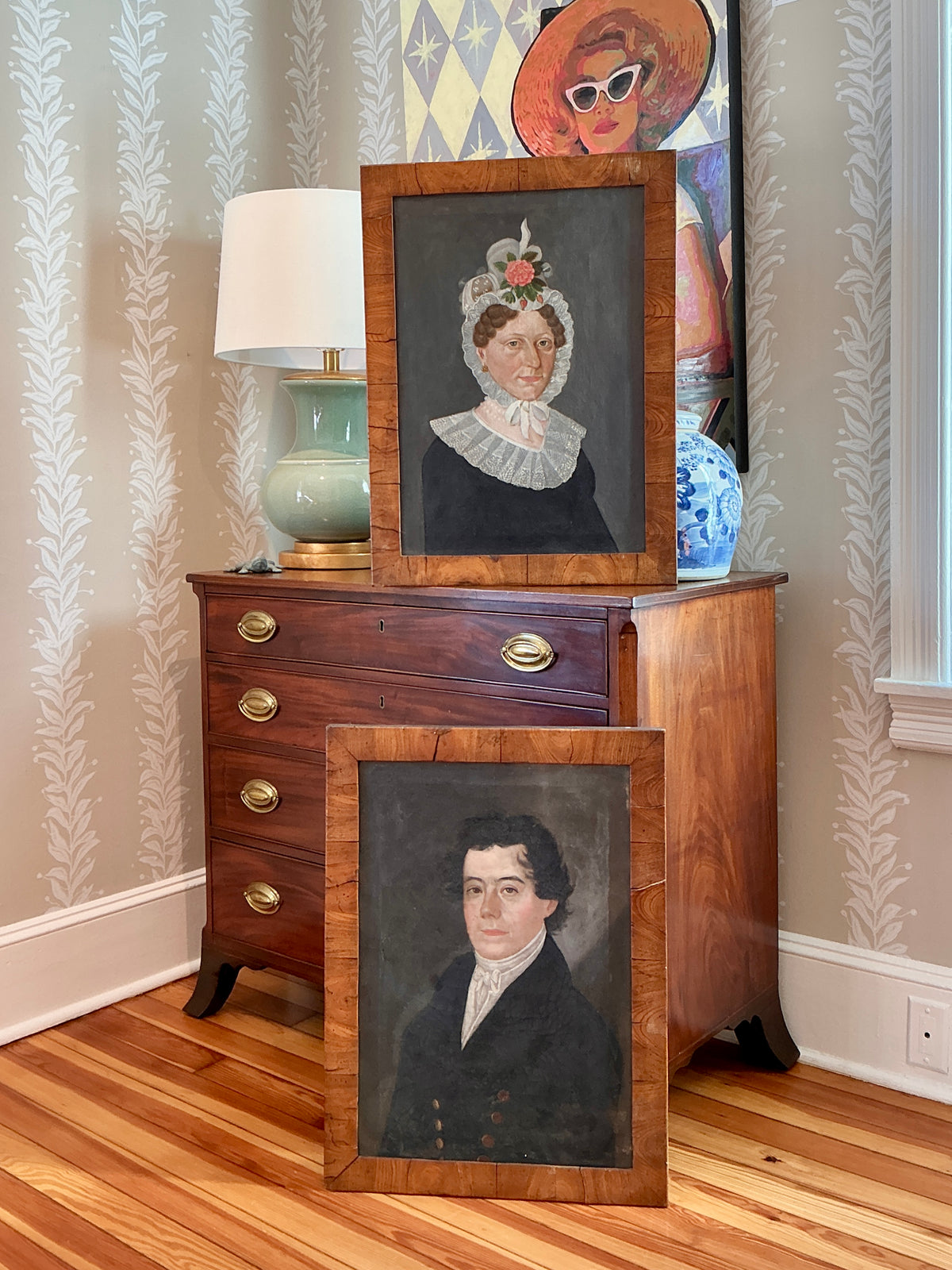 Pair of Early 19th Century Gentleman and a Lady Couple Portrait Oil Paintings in Grained Wood Frames