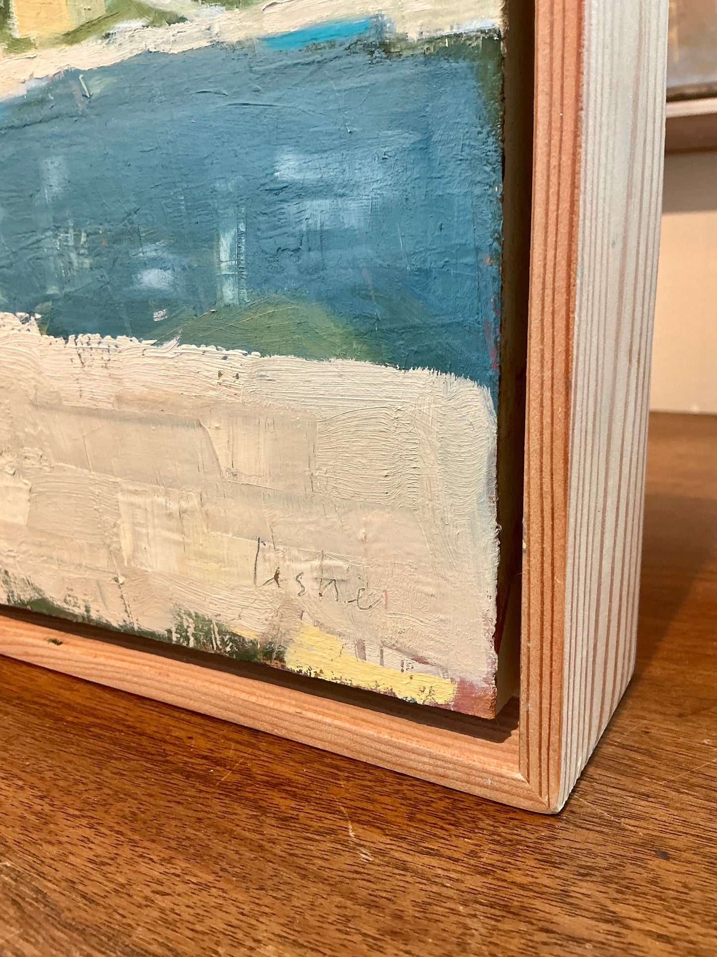 Carol Lesher River View Coastal Landscape Oil Painting in Natural Wood Frame