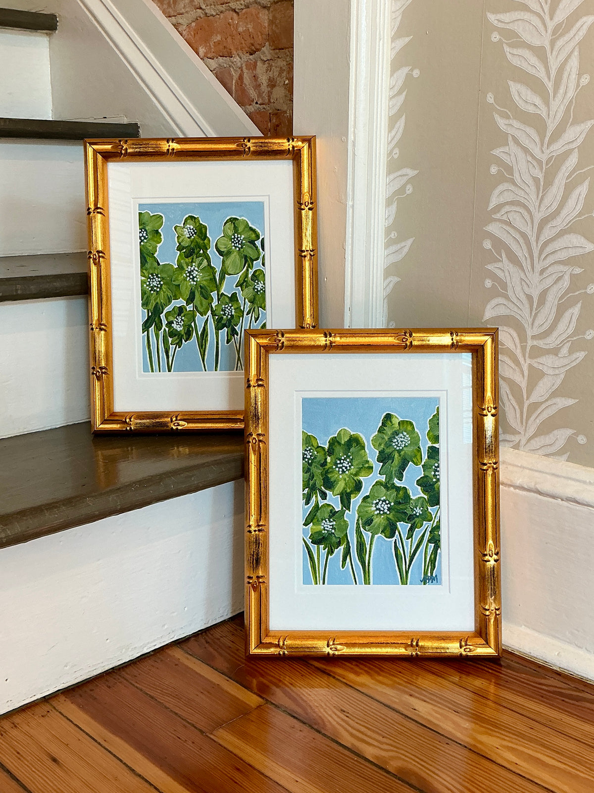 Alison Diamond McElroy Salt Meadow II Abstract Floral Painting in Gold Bamboo Frame