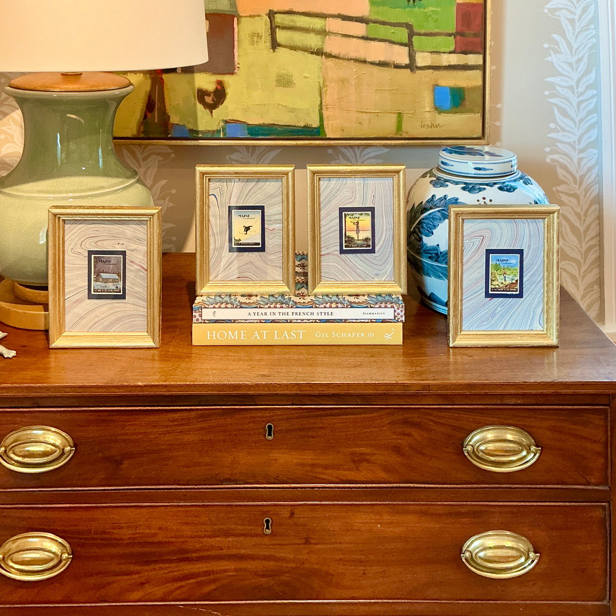 Set of Four 1940 Maine "Vacationland" Stamps on Blue Marbled Mounting in Gold Frames - Set B