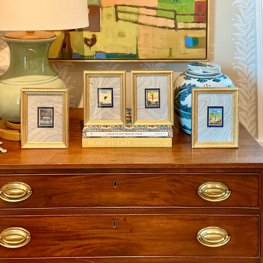 Set of Four 1940 Maine "Vacationland" Stamps on Blue Marbled Mounting in Gold Frames - Set B