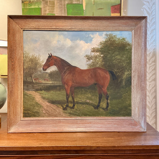 Circle of John Duvall 19th Century Bay Horse in Landscape Portrait Oil Painting in Wood Frame