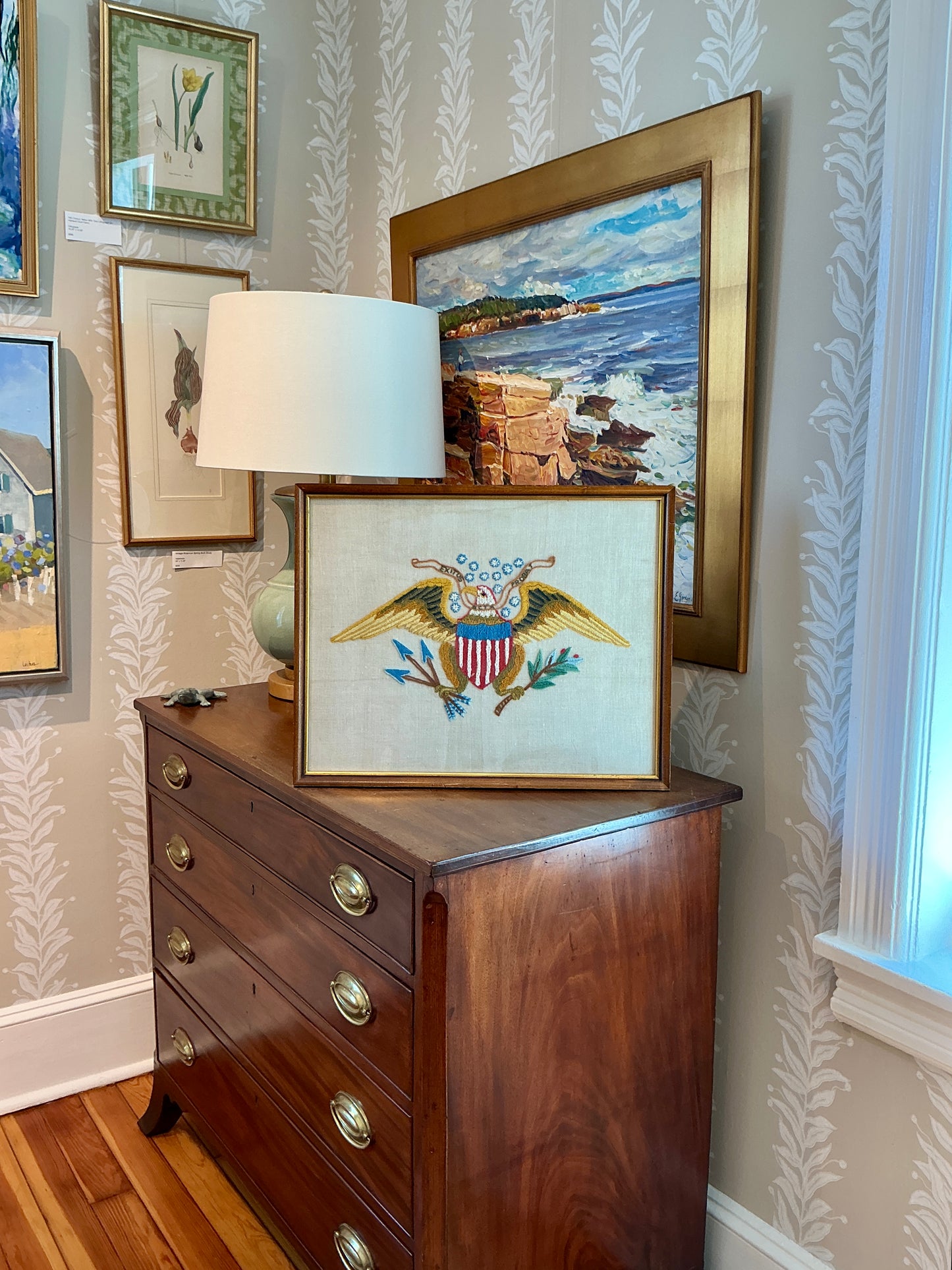 Vintage Bald Eagle Americana Embroidery in Wood Frame with Gilded Liner