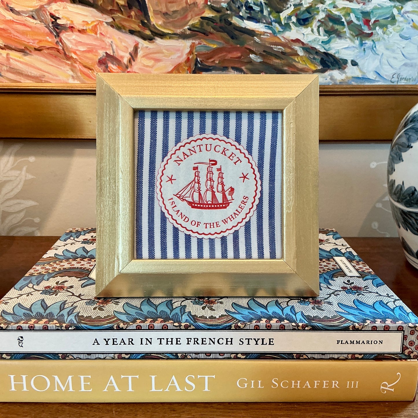Nantucket Island of the Whalers Vintage 1950s Cocktail Napkin on Blue Stripes in Gold Frame