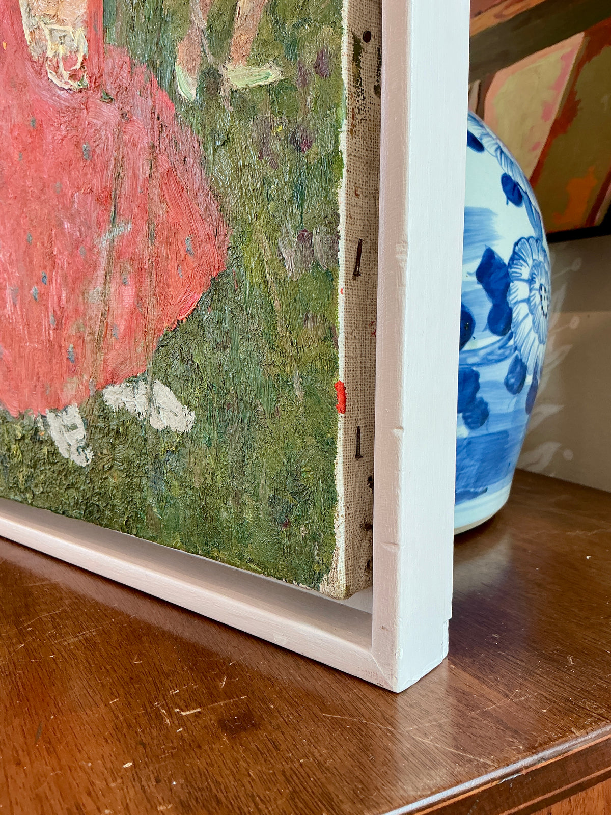Mid Century The Summer Gathering Oil Painting In White Floater Frame