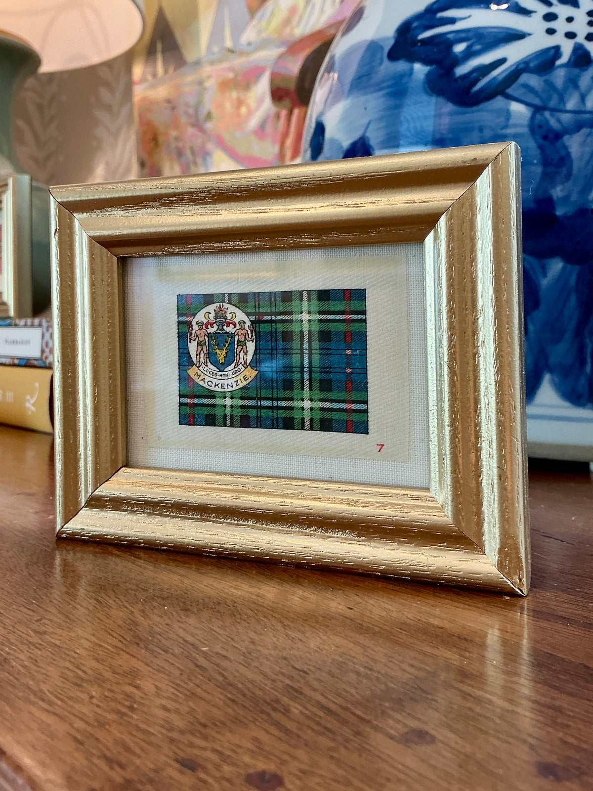 Set of Five Antique Scottish Tartan Tobacco Silks on Ivory in Gold Frames