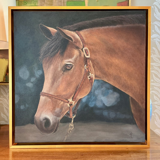 Andrea Hennings Denver Horse Portrait Painting in Gold Floater Frame