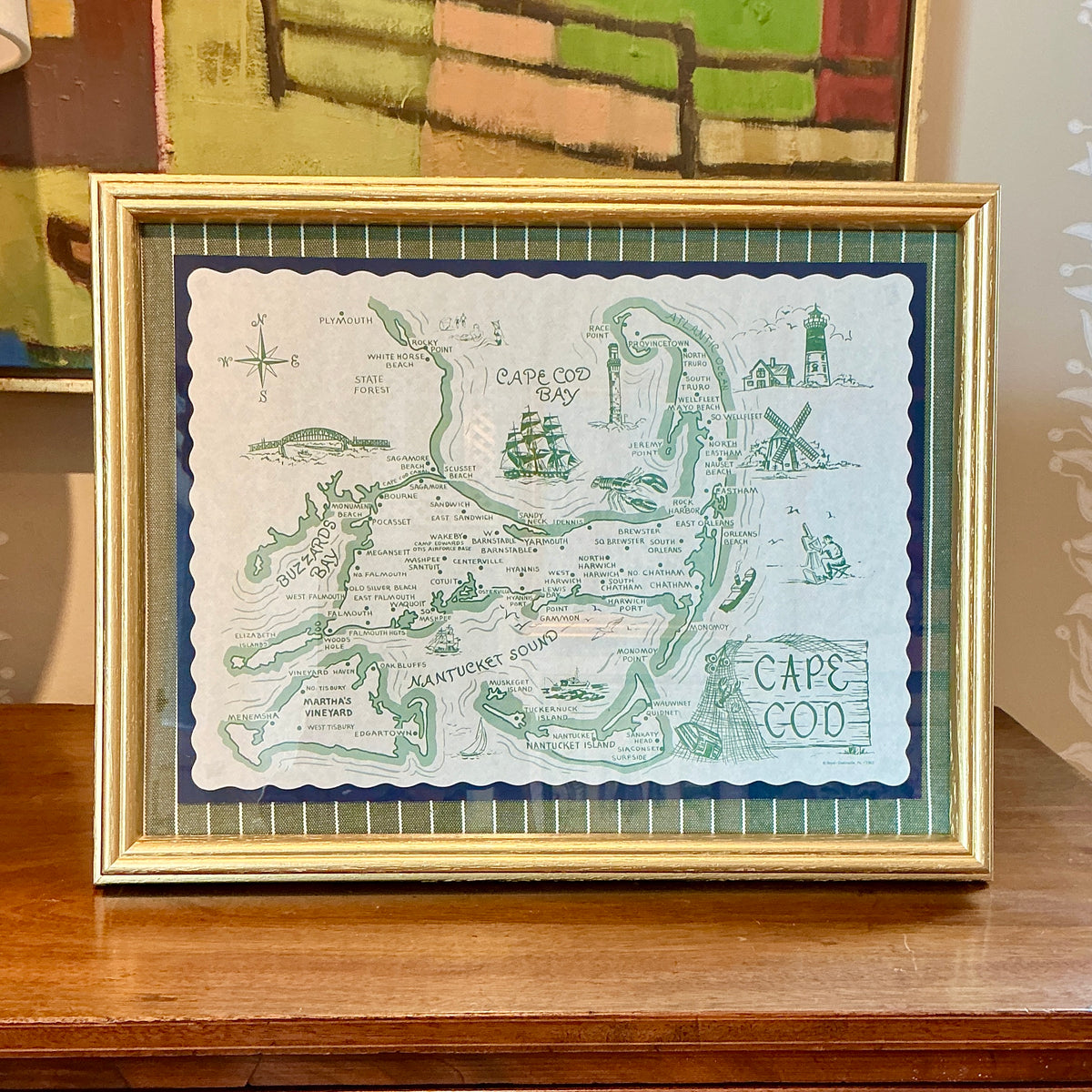 1962 Vintage Cape Cod Nantucket Martha's Vineyard Placemat Map on Green Stripes in Gold Frame