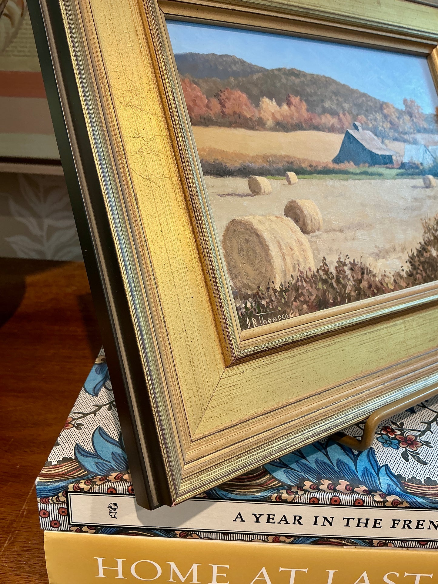 Anthony R. Thompson Old Farm With Hay Rolls Landscape Oil Painting in Gold Frame