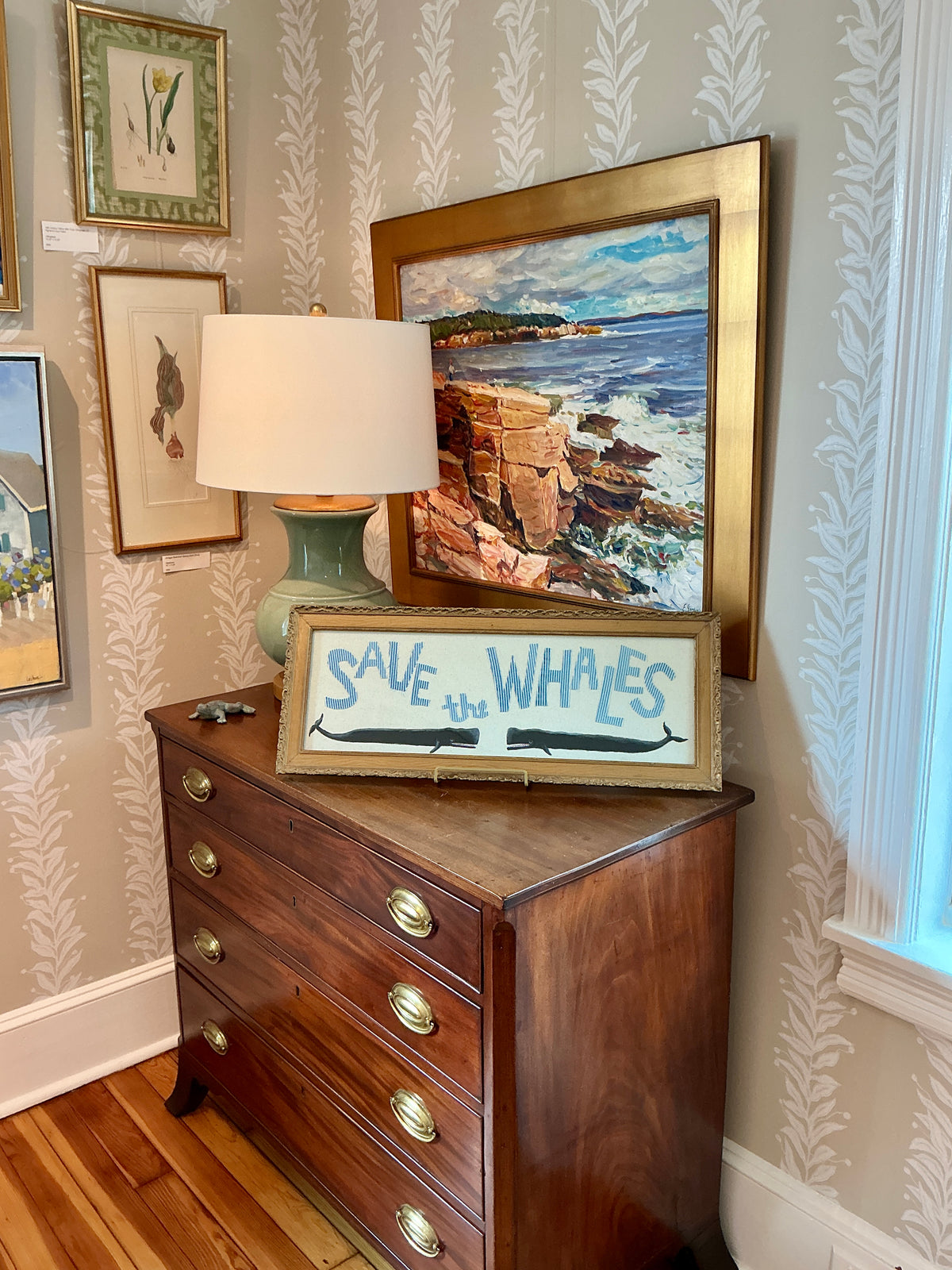 Save The Whales Mixed Media Painting on Ivory Duck Cloth in Ornate Gold Frame