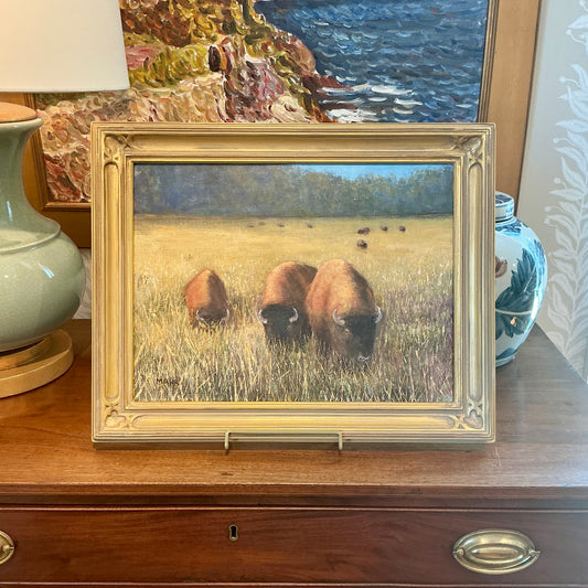 Vintage Buffalo American West Landscape Oil Painting in Bold Frame