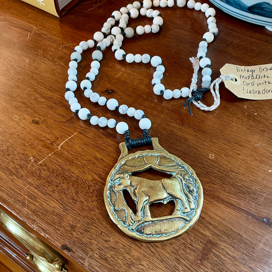 Antique English Horse Brass Cow Medallion Labradorite and Howlite Beaded Hand Knotted Necklace
