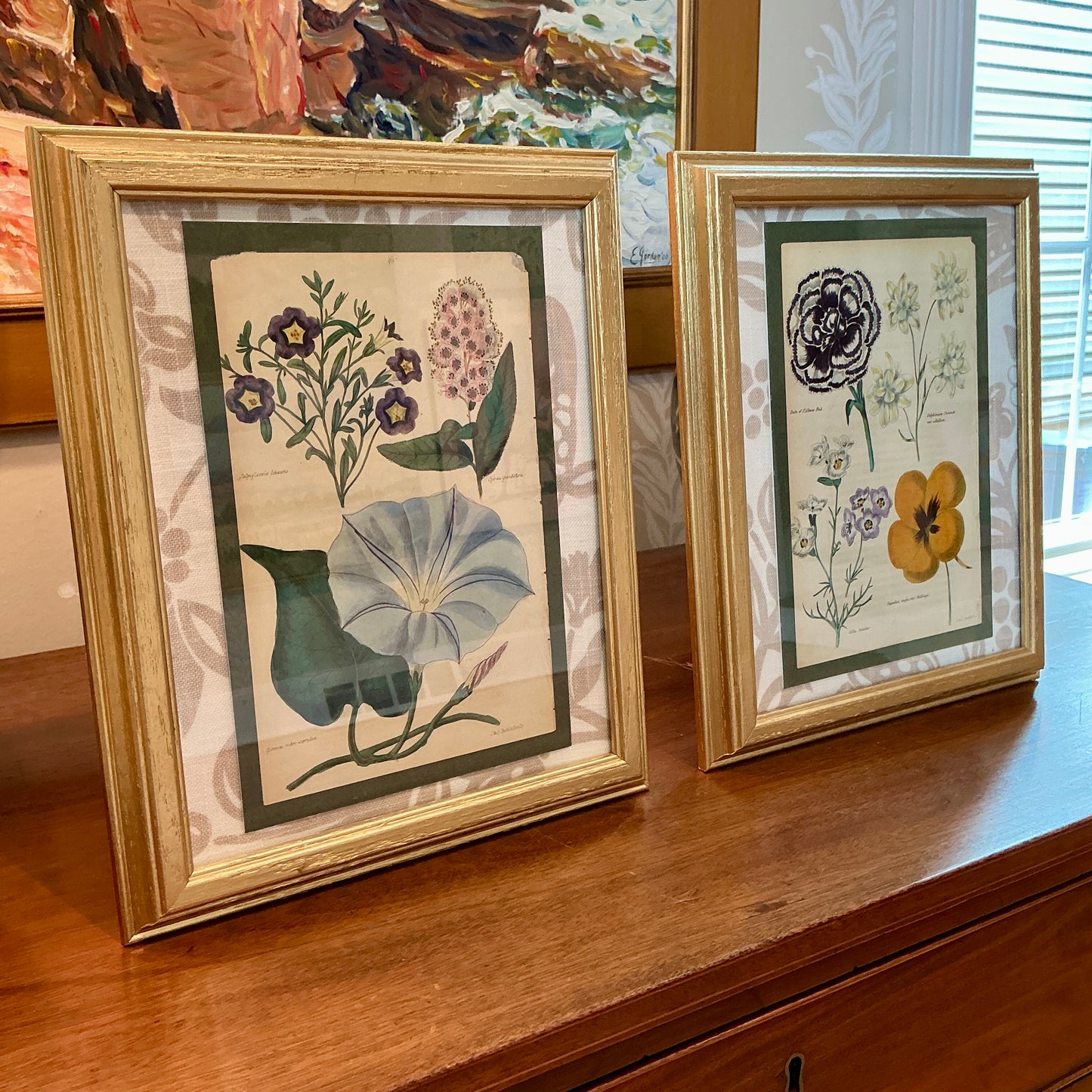 Pair Of Early 19th Hand Colored Botanical J & J Parkin Bookplates on Taupe Botanical Fabric in Gold Frames