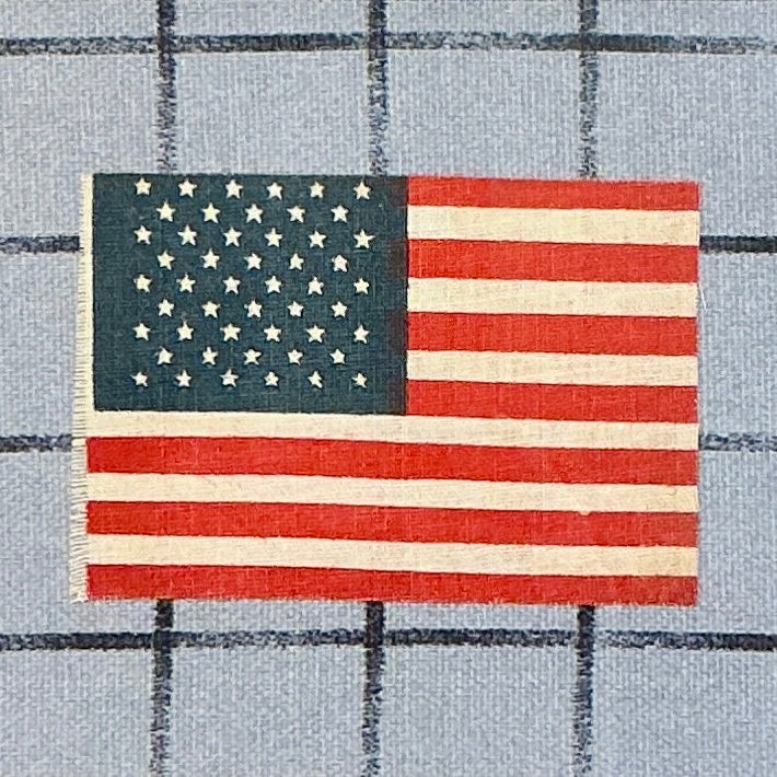 Vintage 50 Star American Parade Flag on Blue Windowpane in Wood Frame with Gilded Liner