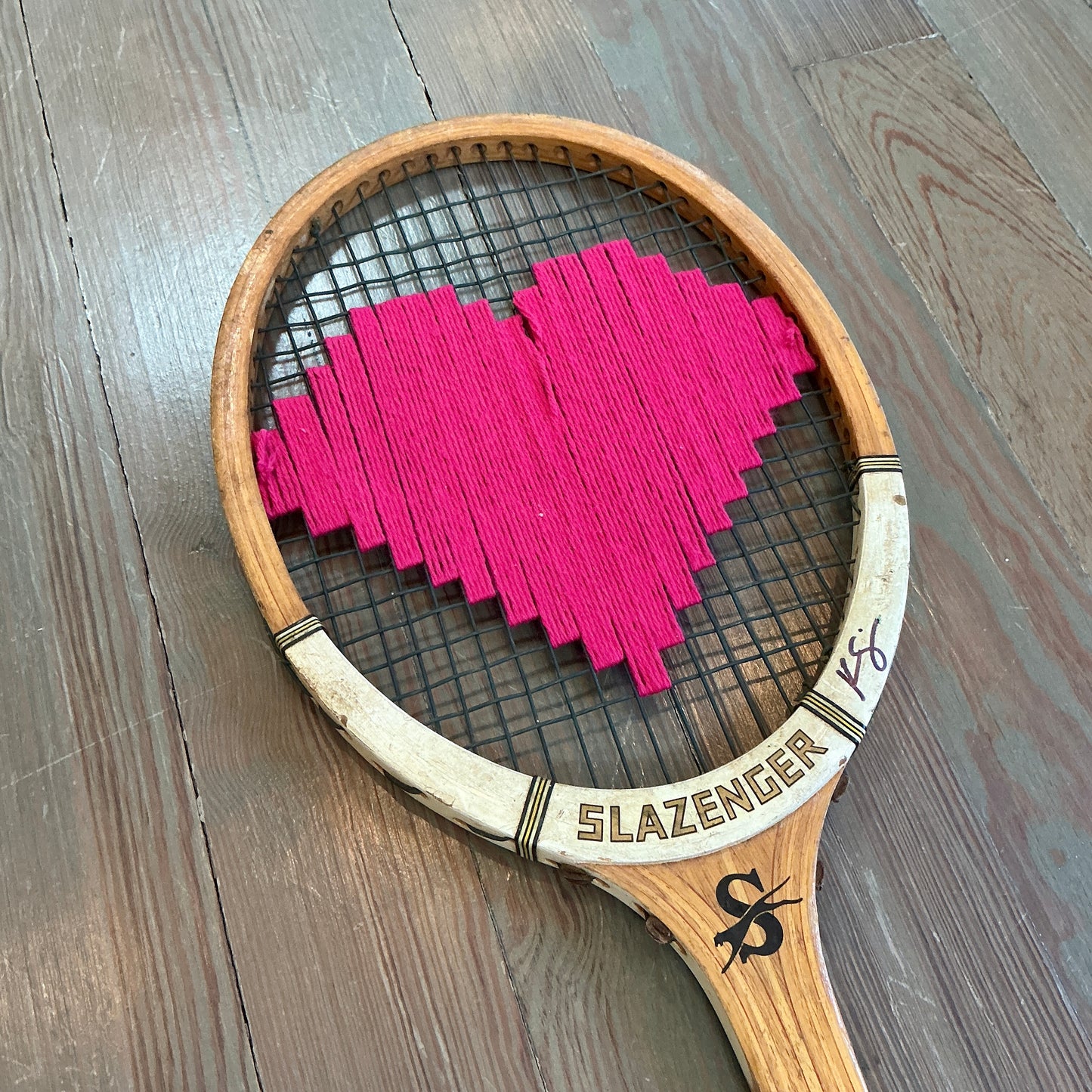 Vintage Embroidered Magenta Heart Tennis Racket