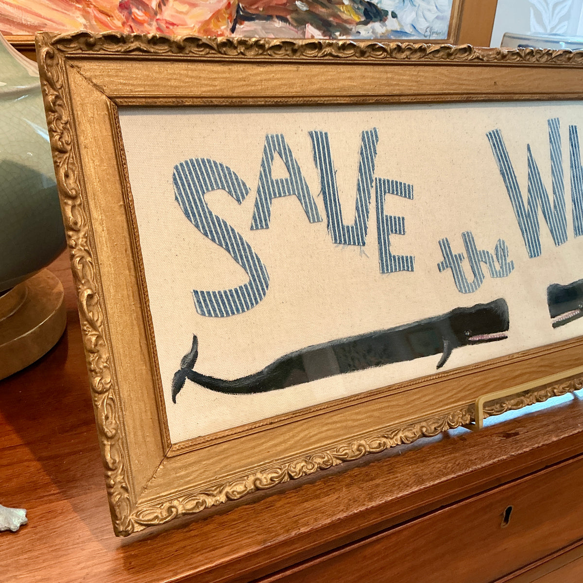 Save The Whales Mixed Media Painting on Ivory Duck Cloth in Ornate Gold Frame
