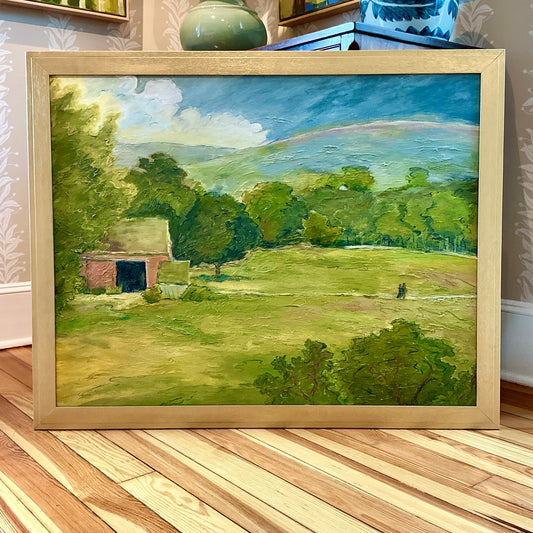 Vintage Rolling Country Hills Landscape Oil Painting in Gold Frame