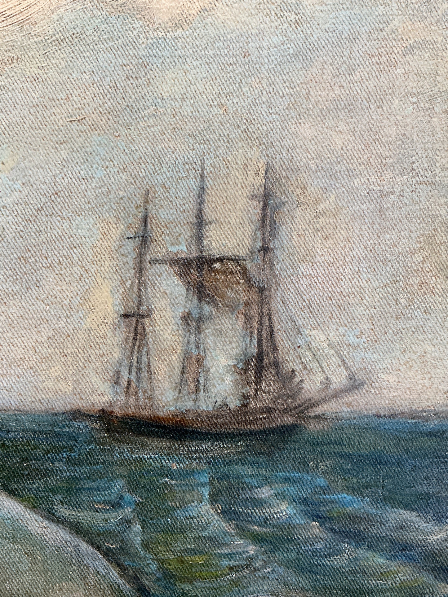 19th Century "Nantucket Sleigh Ride" American Folk Whale Seascape Whaling Scene Oil Painting in Wood Frame With Gilded Liner