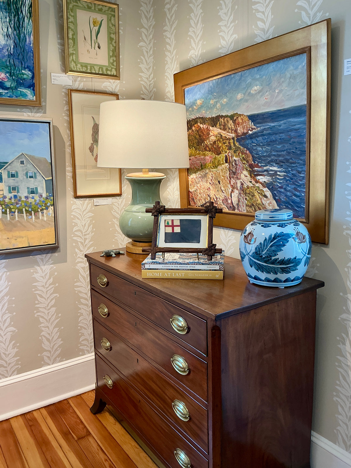 Vintage Bunker Hill Flag on Ivory Duck Cloth in Antique Hand Carved Wood Frame with Gilded Liner