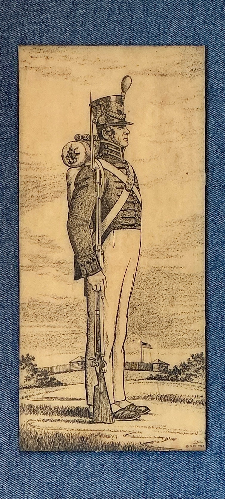 1966 Infantry Solider Resin Scrimshaw on Chambray in Gold Frame
