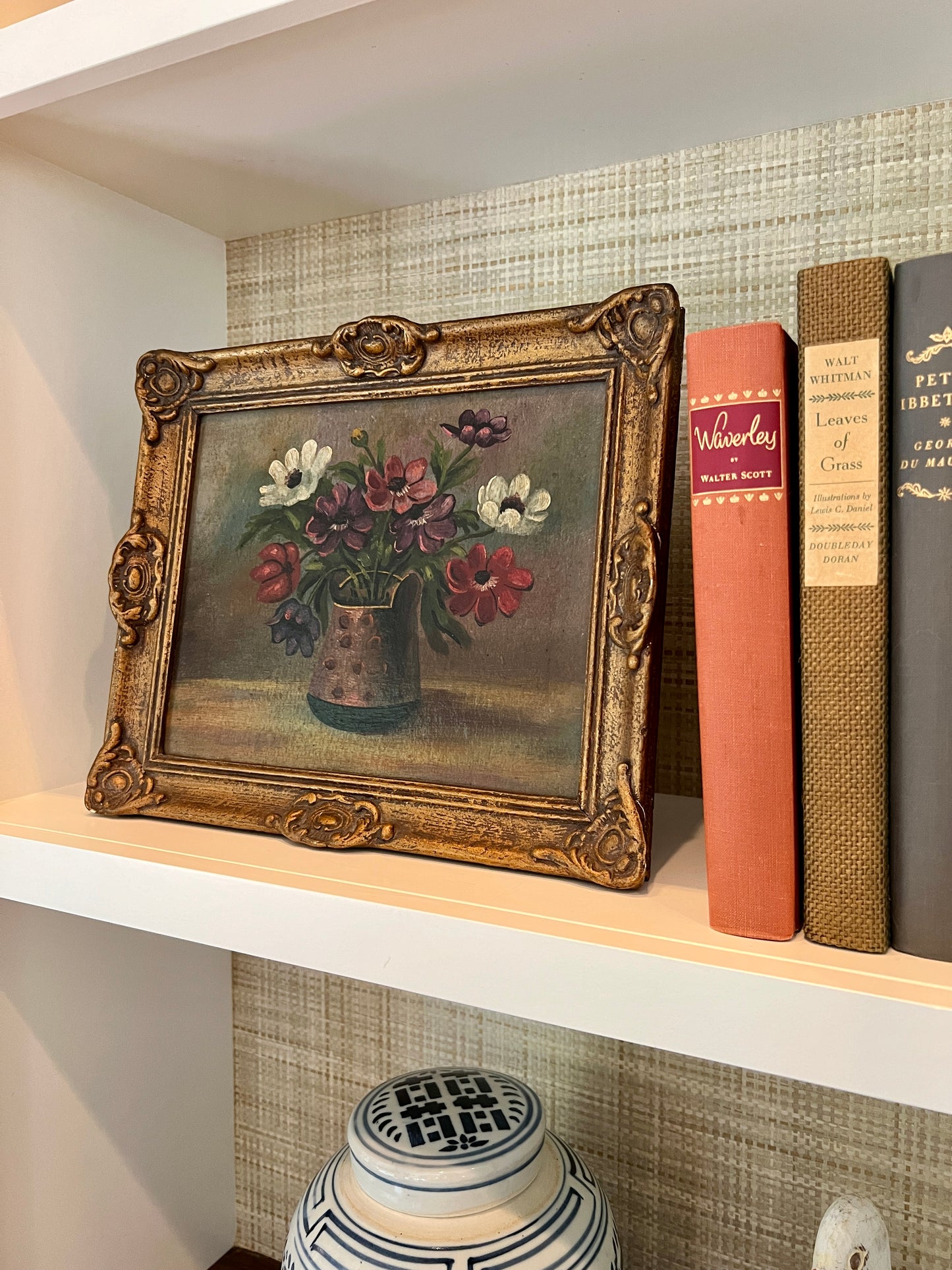 Antique Early 20th century Anenomes in Polka Dot Vase Still Life Oil Painting in Original Gold Frame