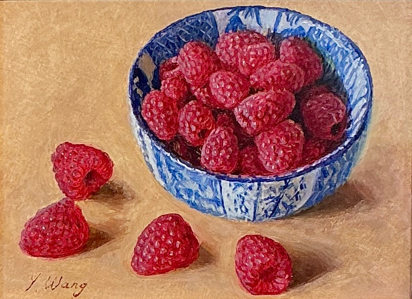 Youqing Wang Red Raspberries In A Blue And White Bowl in Gold Frame