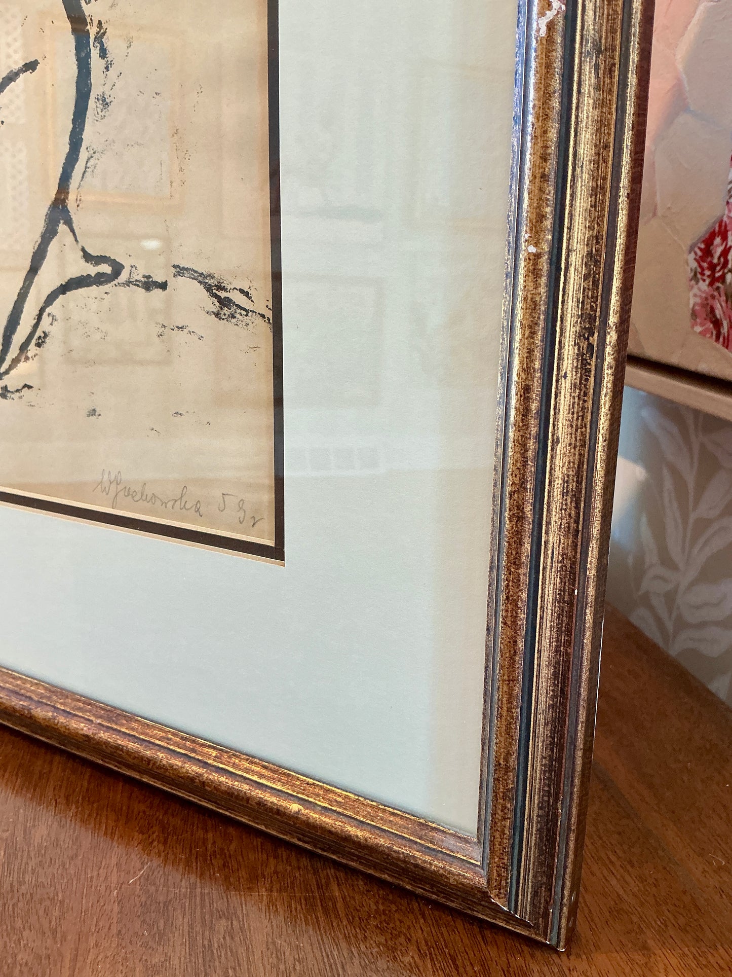 Wanda Telakowska Nude Female Woodcut Portrait in Gold Frame