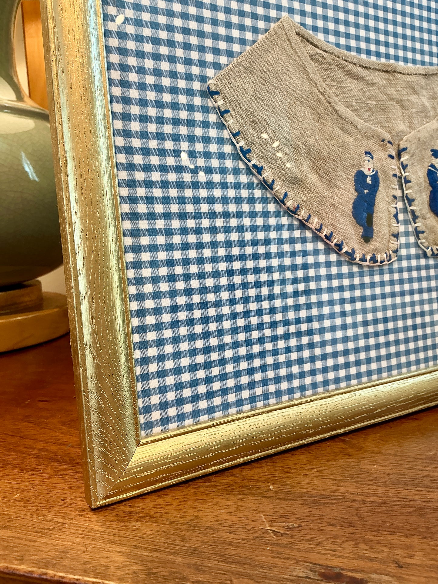 Vintage Sailor Embroidered Collar on Blue Gingham in Gold Frame