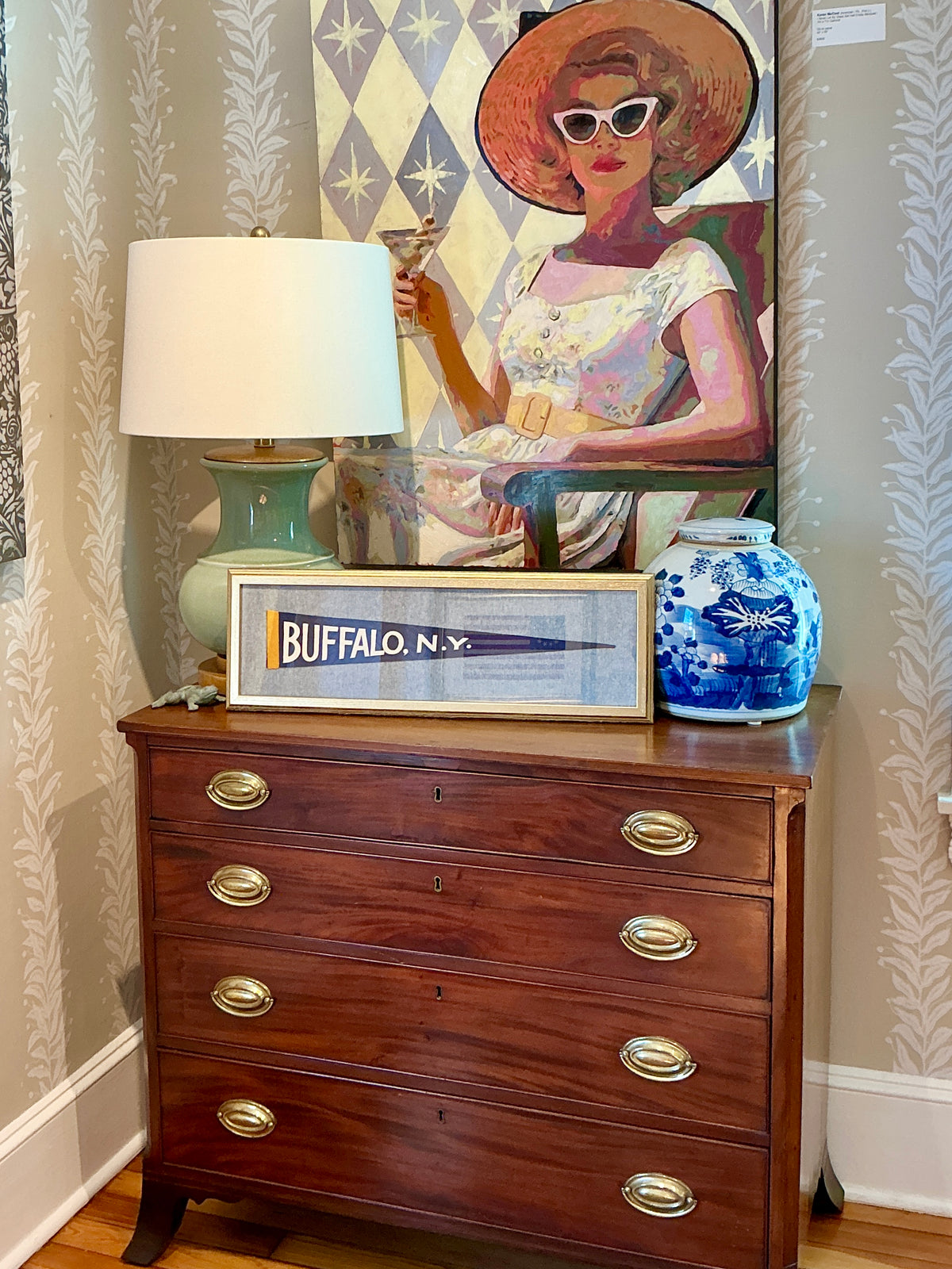 Vintage Buffalo New York Pennant on Light Blue in Gold Frame