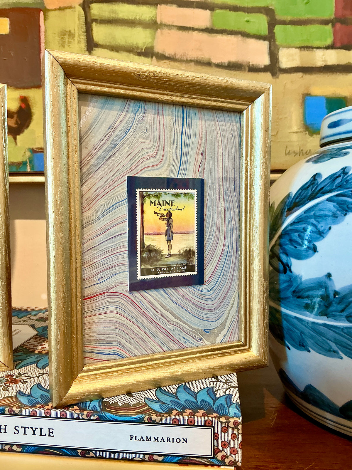 Set of Four 1940 Maine "Vacationland" Stamps on Blue Marbled Mounting in Gold Frames - Set B