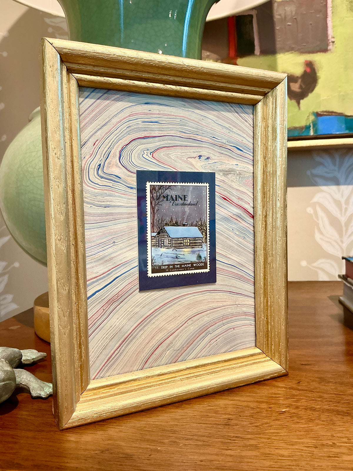 Set of Four 1940 Maine "Vacationland" Stamps on Blue Marbled Mounting in Gold Frames - Set B