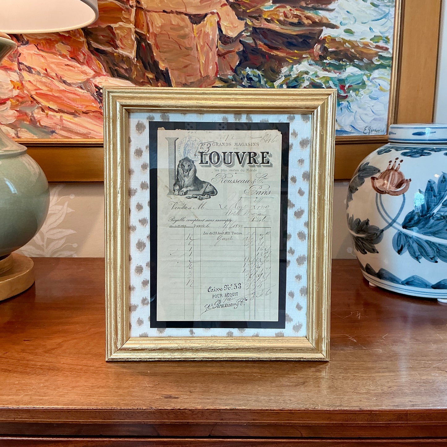 Late 19th Century Parisian Receipt on Tan and White Spotted Fabric in Gold Frame