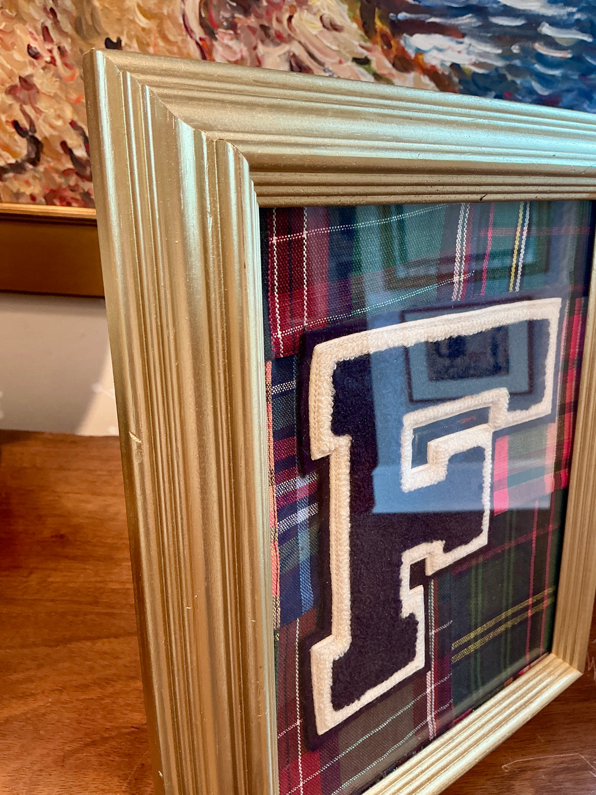 Vintage Varsity Letter Initial F on Madras Patch Fabric in Gold Frame