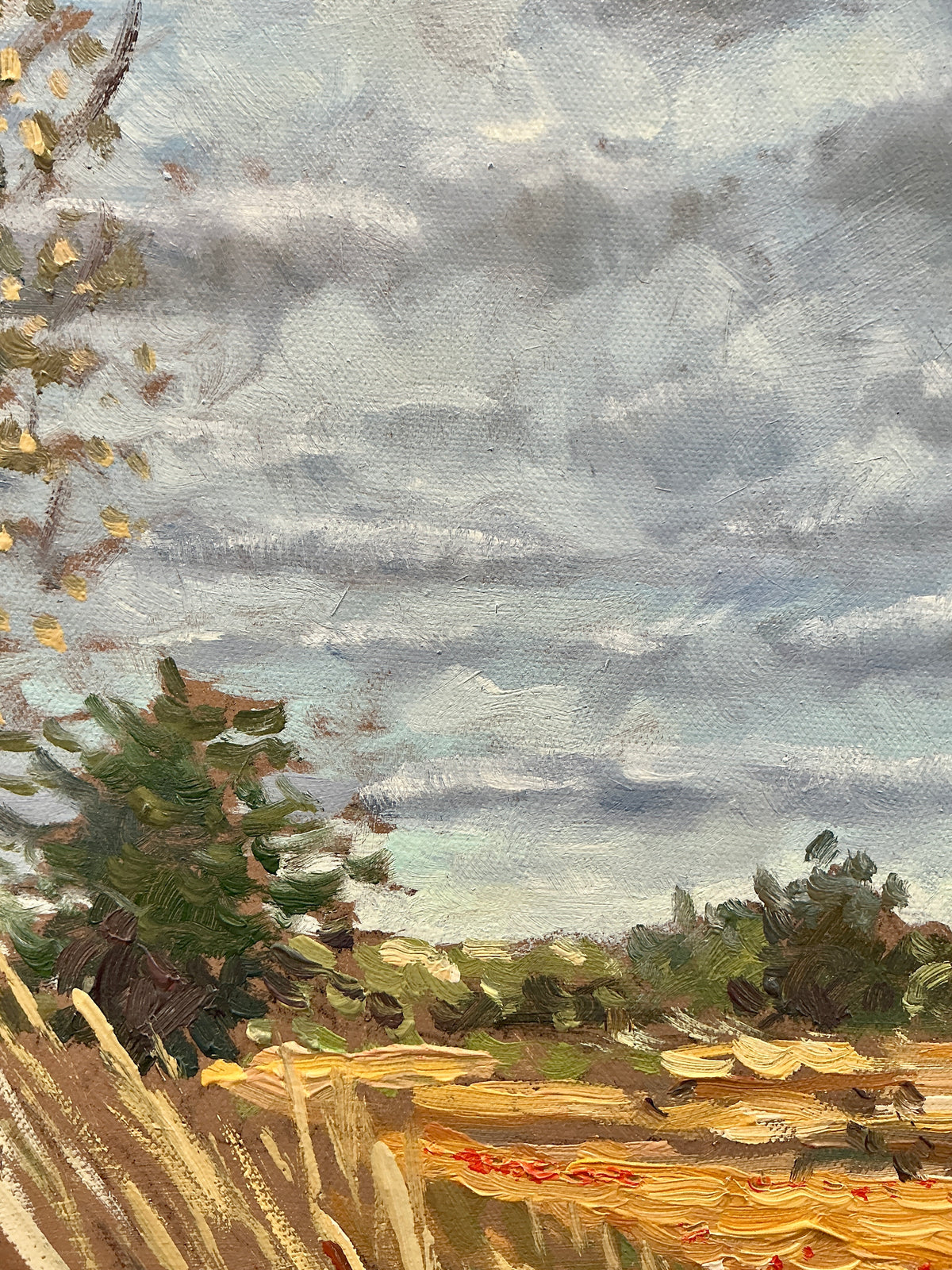Vintage 1994 Blustery Country Landscape Painting in Gold Frame