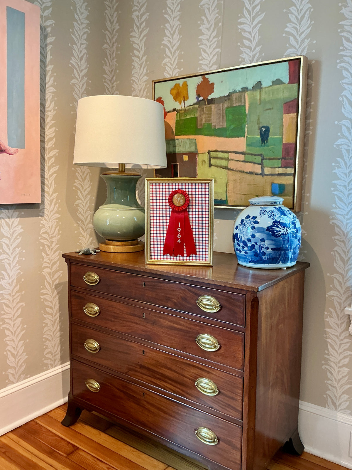 Vintage Garrison Forest School Horse Show Ribbon on Plaid in Gold Frame