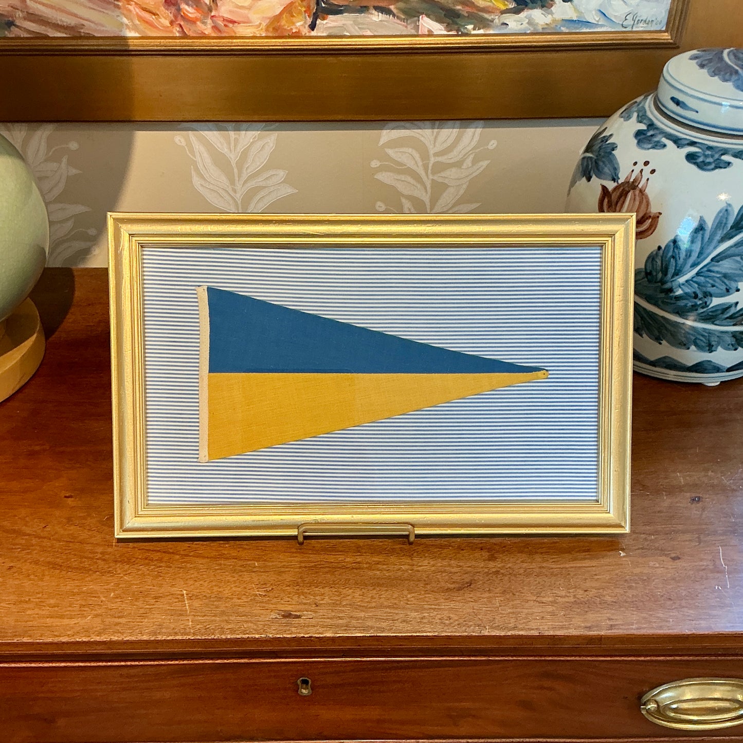 Vintage Stitched Nautical Canvas Flag on Blue Ticking Stripes in Gold Frame