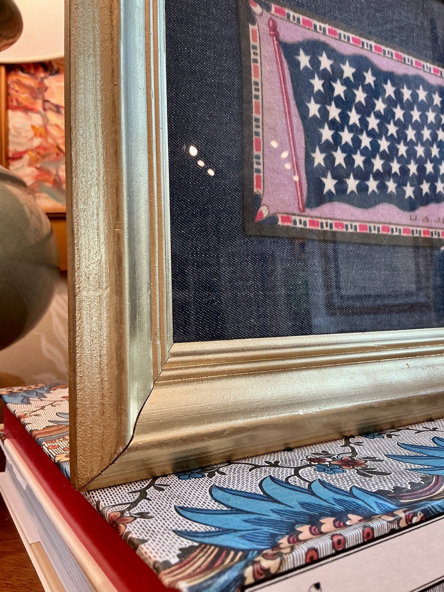 Antique Union Jack Flag Felt on Chambray in Gold Frame