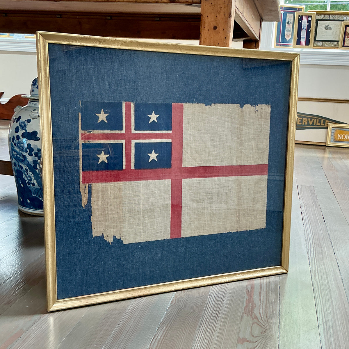 Antique Muslin United Tribes Of New Zealand Flag on Chambray in Gold Frame